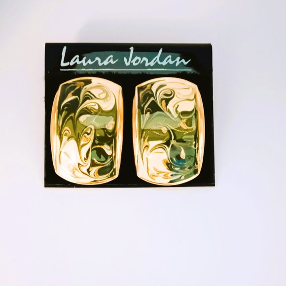 Laura Jordan Vintage Green Swirl Earrings. 1.5"x1"Gold Tone Post Panel - Picture 1 of 3